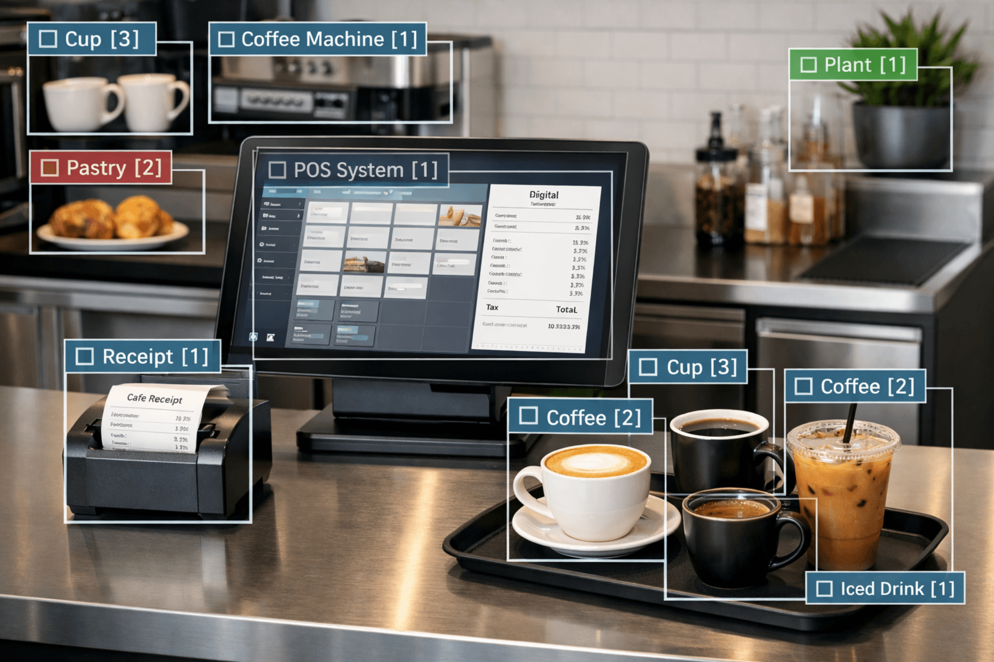 AI cafe and POS monitoring example with direct POS data and vision overlays
