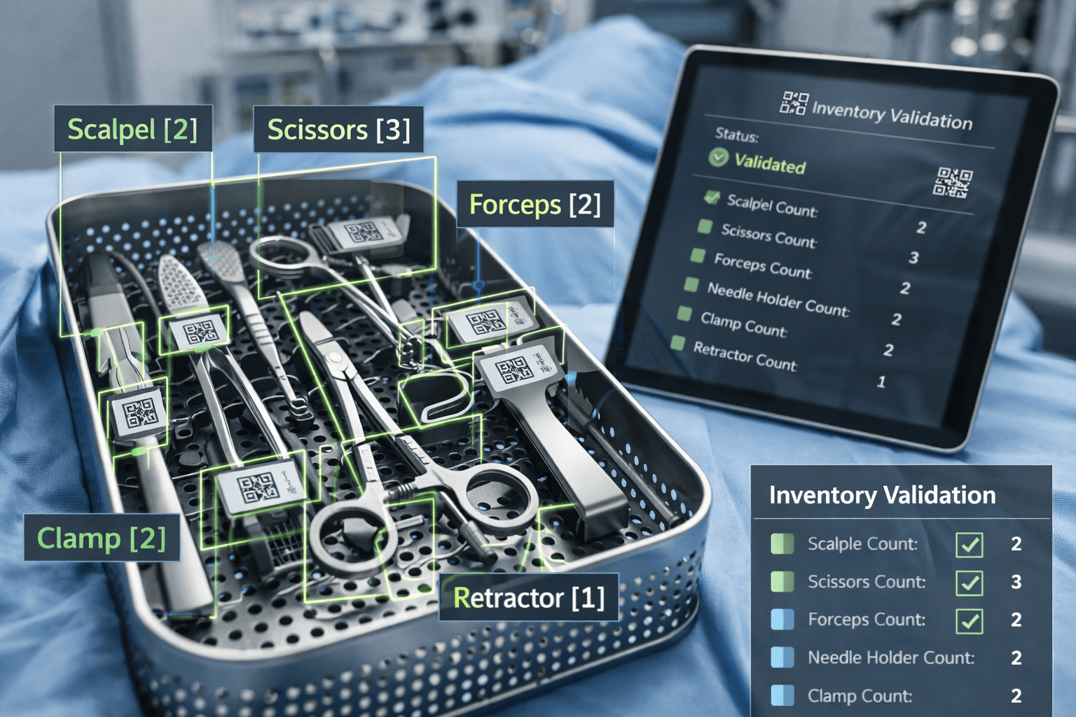 Surgical tray verification visual with instrument tracking and safety-oriented inventory overlays