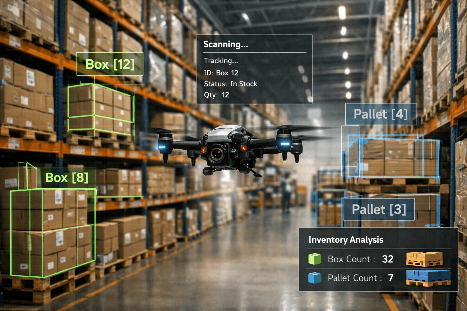 Autonomous drone inventory monitoring inside a warehouse with AI detection overlays